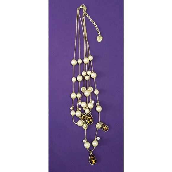 Betsey Johnson Multi Strand Necklace Faux Pearl Leopard Rose Statement Gold Tone - Picture 3 of 7